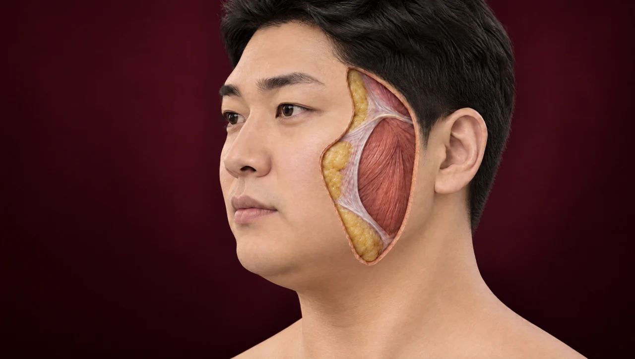 몇 달 후 — 볼살·턱살이 몇 달 뒤 정리된 변화를 얼굴 3D 모형으로 표현했습니다. 원리를 표현한 그림입니다.