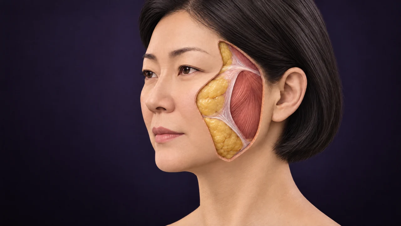 몇 달 후 — 처진 볼살이 올라가고 턱선과 팔자 주변이 정리된 변화를 얼굴 3D 모형으로 표현했습니다. 실은 보통 6개월~1년에 녹고, 동물 연구에서는 실 주변 1형 콜라겐이 7개월 동안 높게 유지됐습니다(Kim 2017). 원리를 표현한 그림입니다.